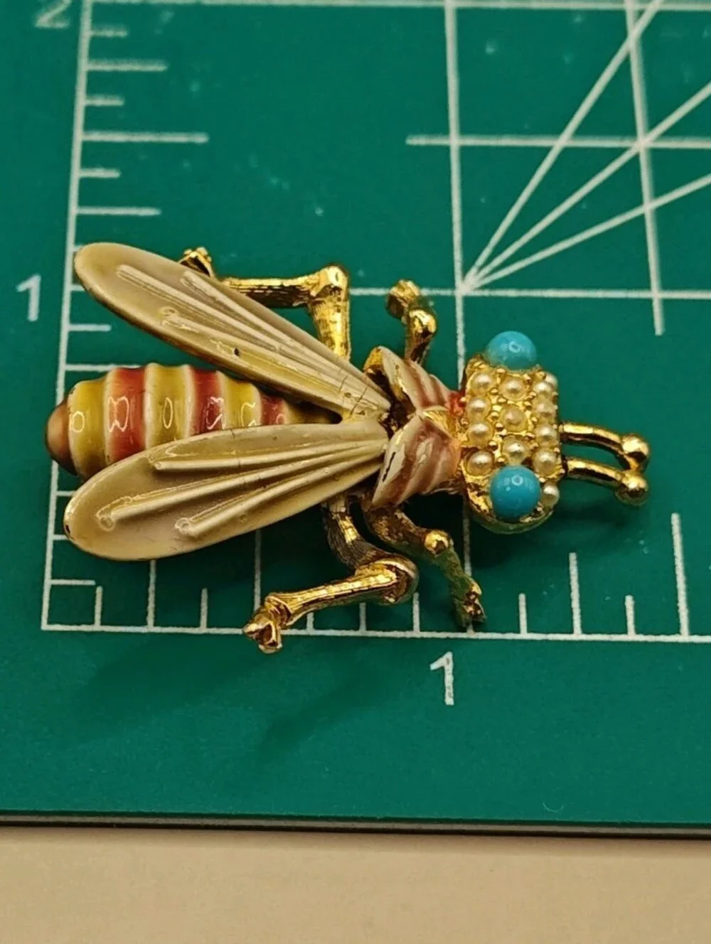 Vtg Bee Bug Flying Insects Enamel Brooch Glass Jelly Belly Lapel Pin Signed CFW